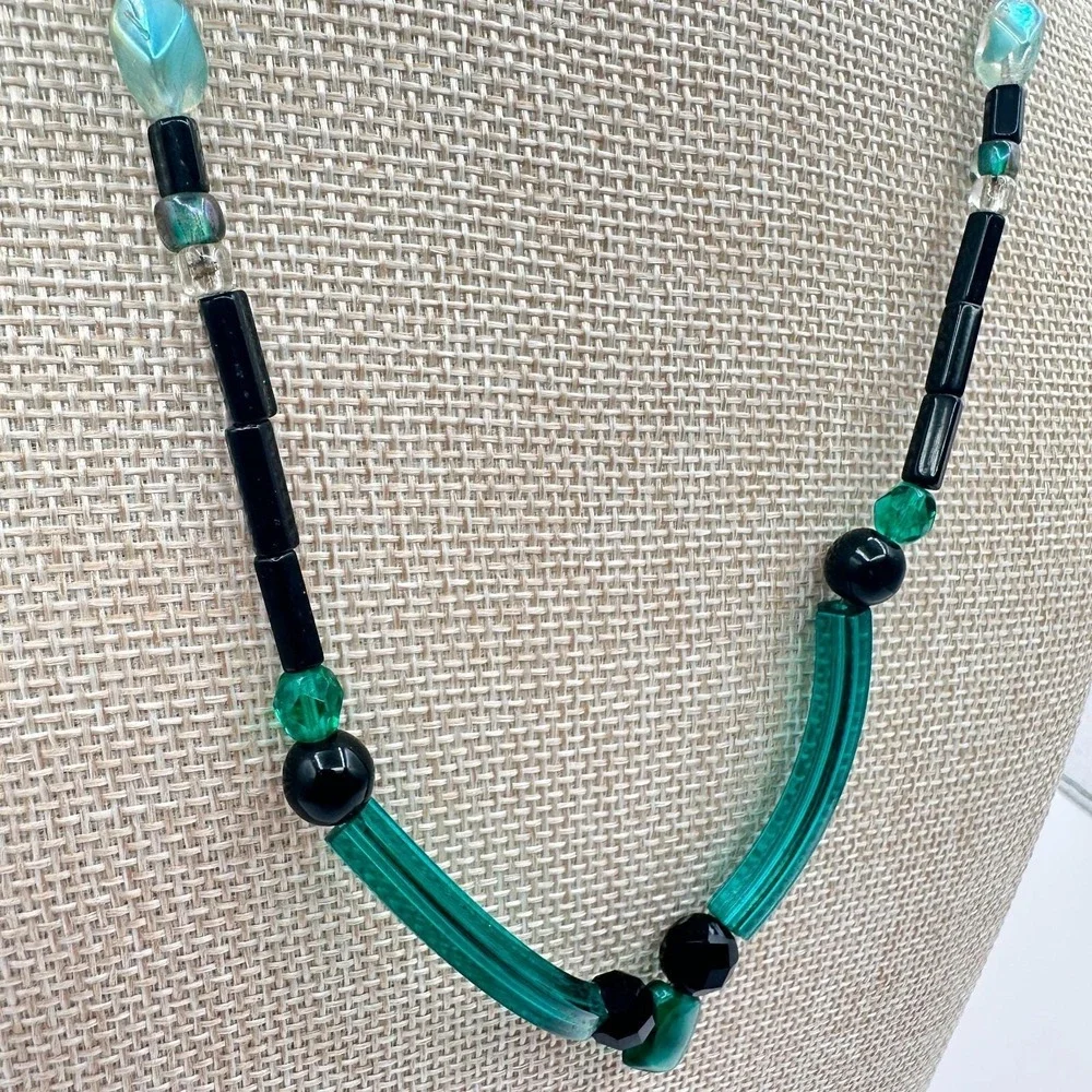 Vintage 80s Glass Bead‎ Necklace Deco Style Geometric Statement Fashion Jewelry